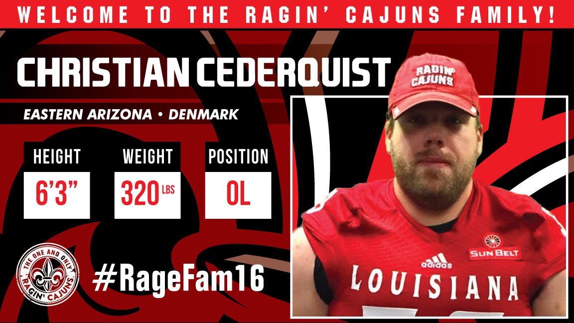 It's Official...OL Christian Cederquist from Eastern Arizona JC is a Ragin' Cajun!!!  #RageFam16 #GeauxCajuns