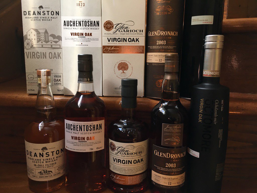 The line-up for tonight <a href="/WhiskyMontreal/">WhiskyMontreal</a> tasting: Partly, finished or fully matured in Virgin oak