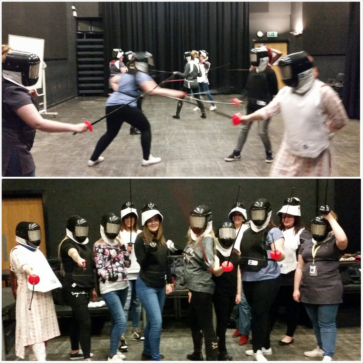 NCCEXTRA's tweet photo. A fab bunch of our hairdressing students @NelsonColneColl trying their hand at fencing. #fun #fitness #Gofence https://t.co/yc37uSP28e