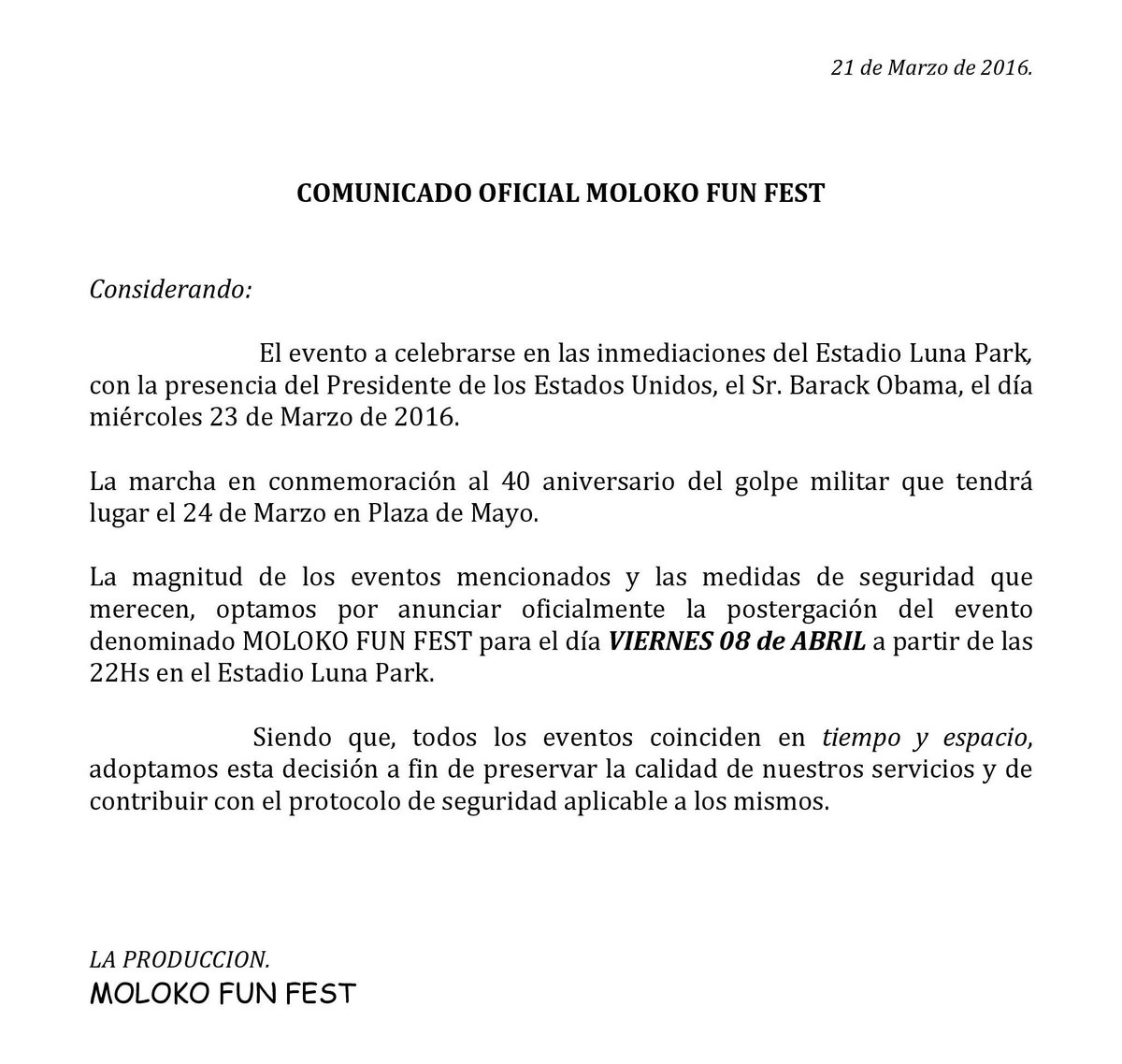 MolokoFunFest's tweet photo. Por decisión de nuestra producción, #MolokoFunFest se llevará a cabo el próximo viernes 8 de abril a las 22hs. https://t.co/yLR7S8aYXU