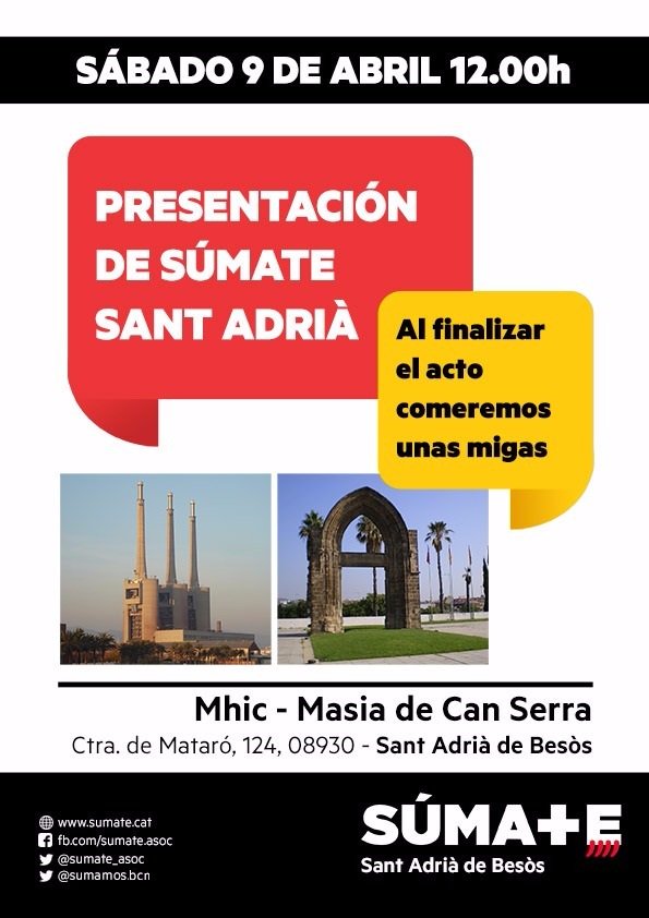 Presentación 9 de abril Súmate Sant Adrià por <a href="/miguelblanca191/">Miguel Blanca</a> y ponentes <a href="/jm_clavero/">Chema Clavero</a> @elcamifapujada y Andrés Vélez
