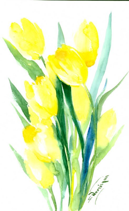 Yellow Tulips original watercolor painting 10 X 16 in yellow green floral abstract wall ar… ift.tt/1LCm3kc