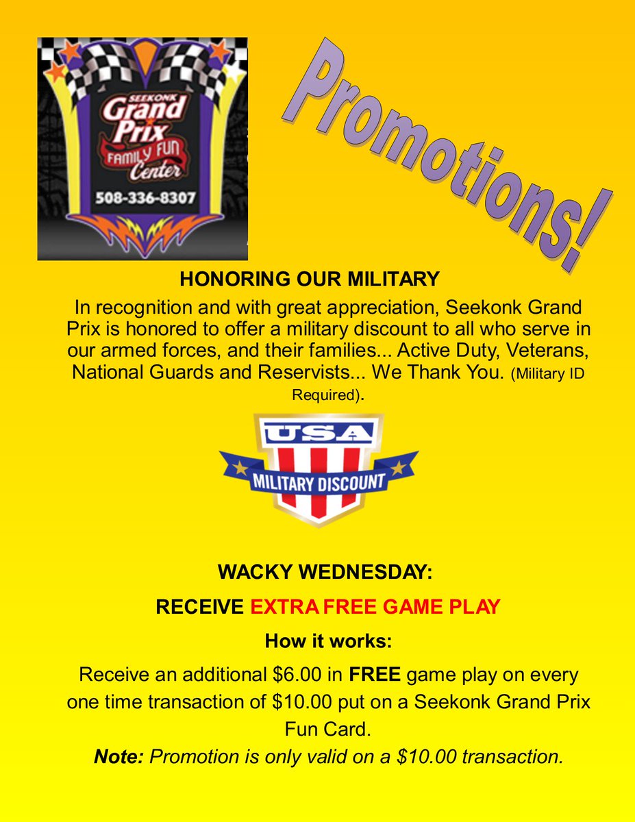 SeekonkGrand's tweet photo. our current promotions #newtracks #gokarts #newarcade #comingsoon #seekonkgrandprix https://t.co/rftddTjuok