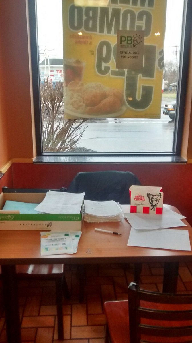 pb_buffalo's tweet photo. #pbbuffalo voting at the KFC on Delevan & Fillmore until 6pm. Get your grub and democracy on, y'all. #buffalo https://t.co/g8SLySpBYn