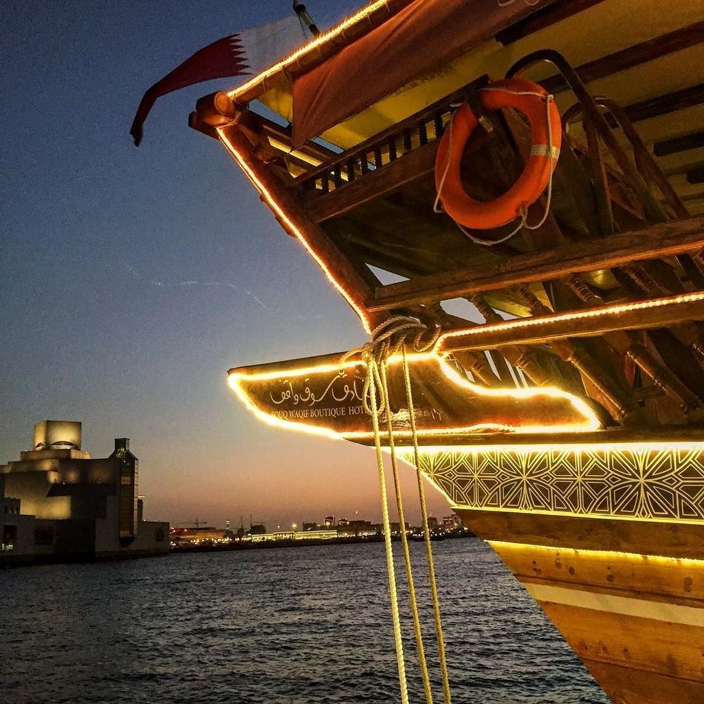 KarenBurnsBooth's tweet photo. A Dhow all dressed up in bling! At Doha in stunning Qatar #dhow #dhowboat #dhowdining #Qat… https://t.co/0VZ45CaoWt https://t.co/zsP52LJg0I