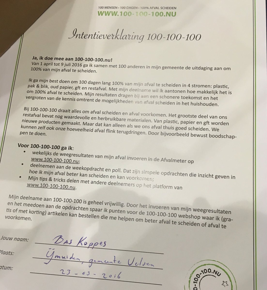 baskoppes's tweet photo. In het kader van 'Verlaag de afvalstoffenheffing, begin bij jezelf', start ik 29 maart met 100-100-100.nu #100NU https://t.co/AUohhUSJeR