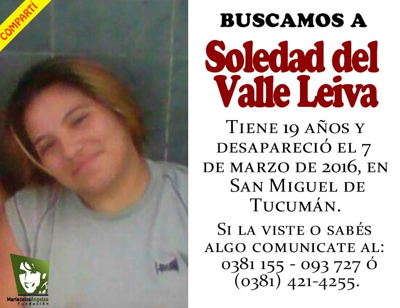SusanaTrimarco's tweet photo. Ayudanos a difundir! RT Buscamos a Soledad del Valle Leiva, tiene 19 años y desapareció el 7 de marzo en Tucumán. https://t.co/xCtcDlRcI0