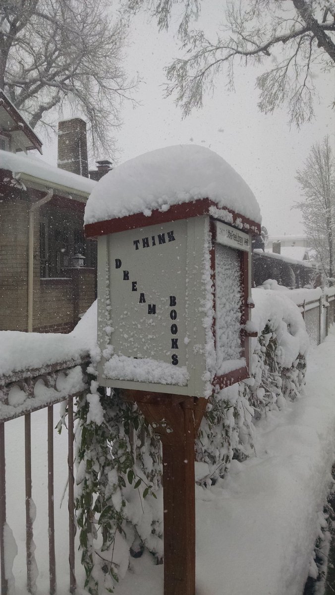 CarlaCFoote's tweet photo. My #LittleFreeLibrary is open for borrowers but not many peds out in the snowstorm #springindenver https://t.co/9t1k5zlRE9