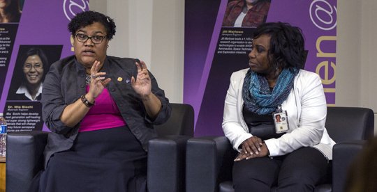 NASALangley's tweet photo. Leaders told stories of success and struggle at a #WomensHistoryMonth talk. https://t.co/yUhdcTXvqu. #asknasawomen https://t.co/jETkbtHO12