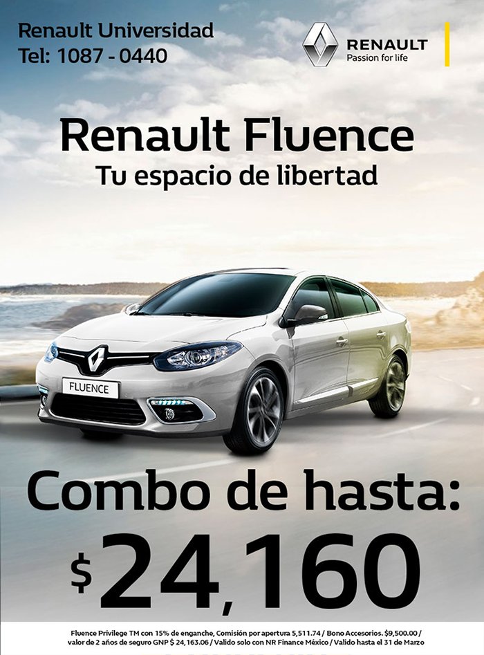 RenaultUniv's tweet photo. Descubre tu espacio de libertad en el nuevo Renault Fluence. ¡Aprovecha y hazlo tuyo con un combo de hasta $24,160! https://t.co/qDhdFaKK4w
