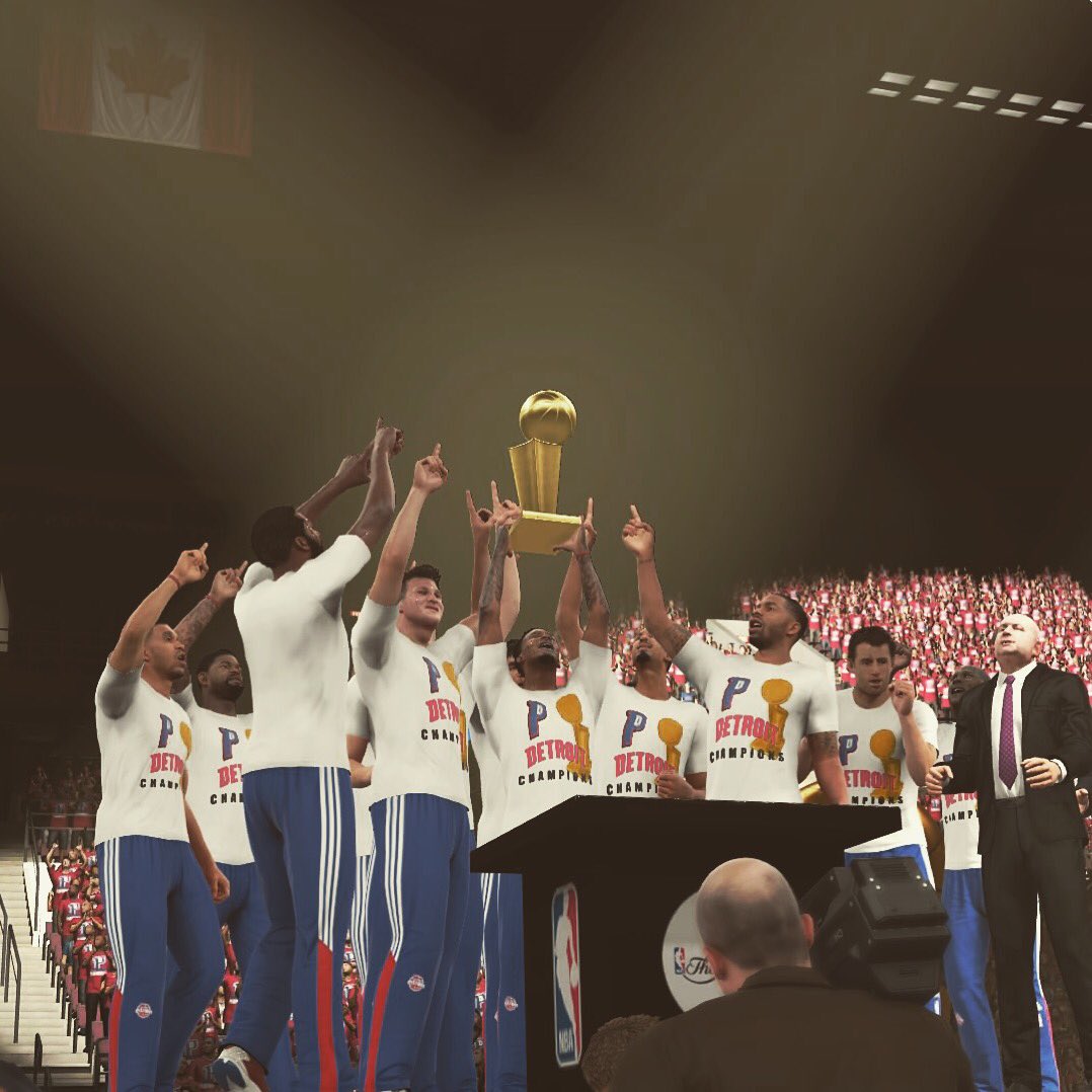 Nba32k's tweet photo. They Done it! The Detroit Pistons pull away and Win the NBA Championship over the Thunder 107-103 . BJ Finals MVP. https://t.co/46JOGghdhv