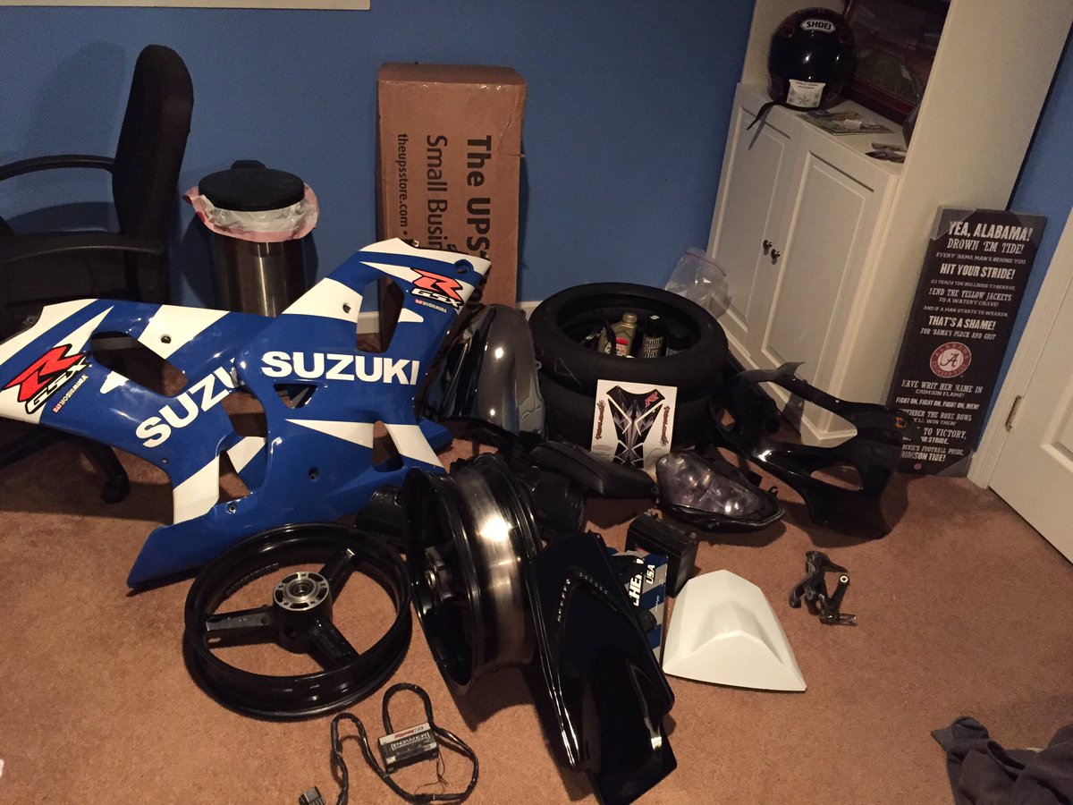 Parts pile for Andy's personal bike rebuild. Almost time to put it all back together! #Suzuki #motorcycle #gsxr