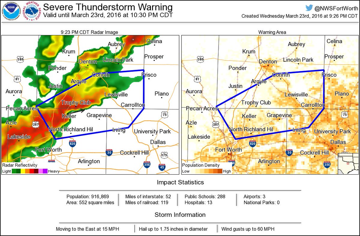 NWSFortWorth's tweet photo. ⚠️ Severe Thunderstorm Warning including Carrollton TX, Lewisville TX, North Richland Hil TX until 10:30 PM CDT https://t.co/SM8980nD0c