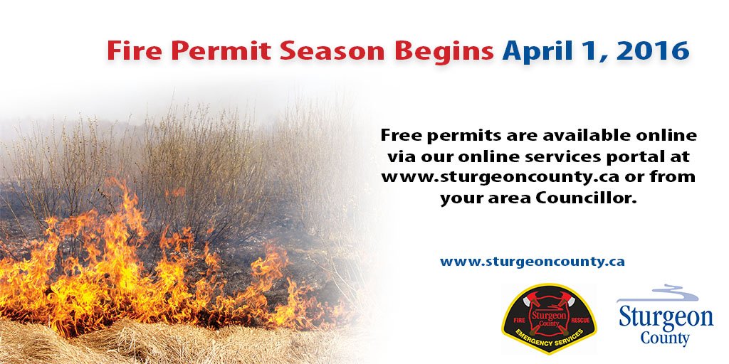 SturgeonCounty's tweet photo. Don't forget to get your #FirePermits for the April 1 burning season! More info on burnables https://t.co/a8cfO4Fpf8 https://t.co/fcxKD2oRyD