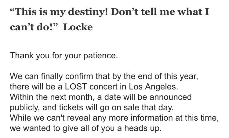 m_giacchino's tweet photo. Greetings everyone - just confirming that YES, a LOST concert is finally happening in LA - details to come soon! https://t.co/iVtR7pA45L