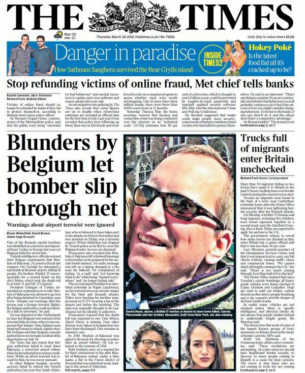 chrisjanssensVB's tweet photo. "Blunders by Belgium" - voorpagina @thetimes Donderdag 24 maart 2016 #terreurdebat #Brussels #Brusselsattacks https://t.co/Mtn2RWelvp