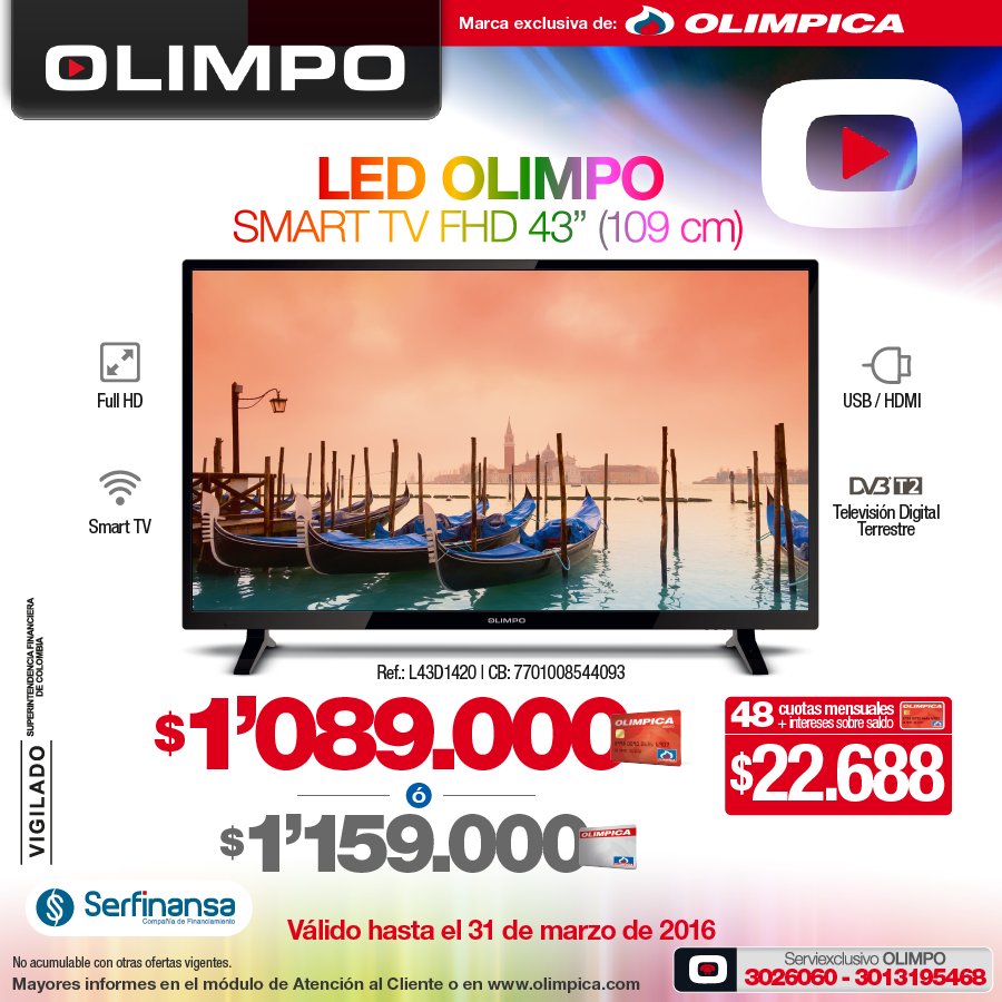 Televisor Smart LED UHD de 50 marca Olimpo en Descuento - Olímpica