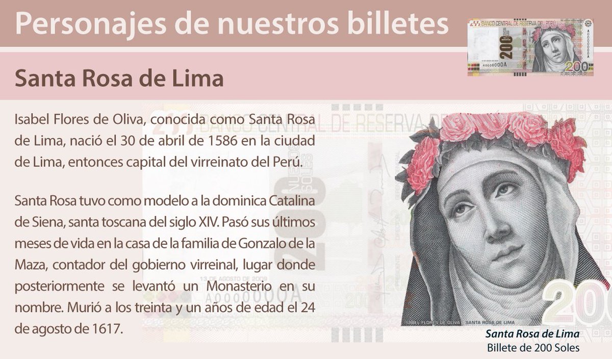 BCRP: Personajes de nuestros billetes. Santa Rosa de Lima. Billete de 200  Soles.