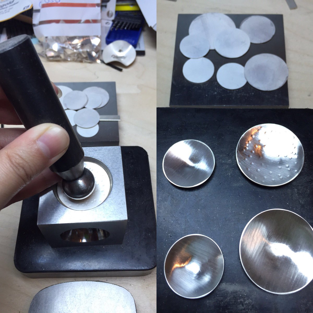 ChamarelDesigns's tweet photo. Getting there! #doming #dappingblock #discs #dappingtechniques #jewellerymaking #handmade #silver #newcollection https://t.co/1pyRgiedos