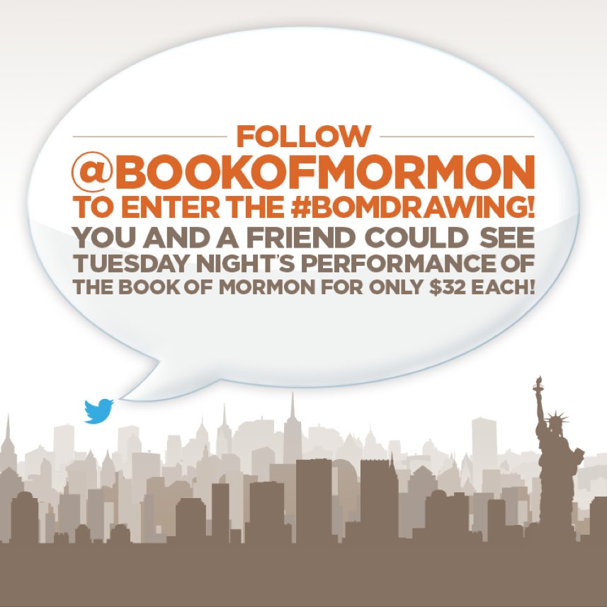 BookofMormon's tweet photo. RT &amp; follow to enter the Broadway #BOMDrawing for TUES 4/26! Don't miss out on $32 tix! 18+ only https://t.co/pCULAnIhwl