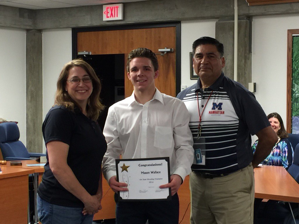 usd383's tweet photo. BOE recognition for state wrestling champion Mason Wallace! https://t.co/pr8HPRrDC2