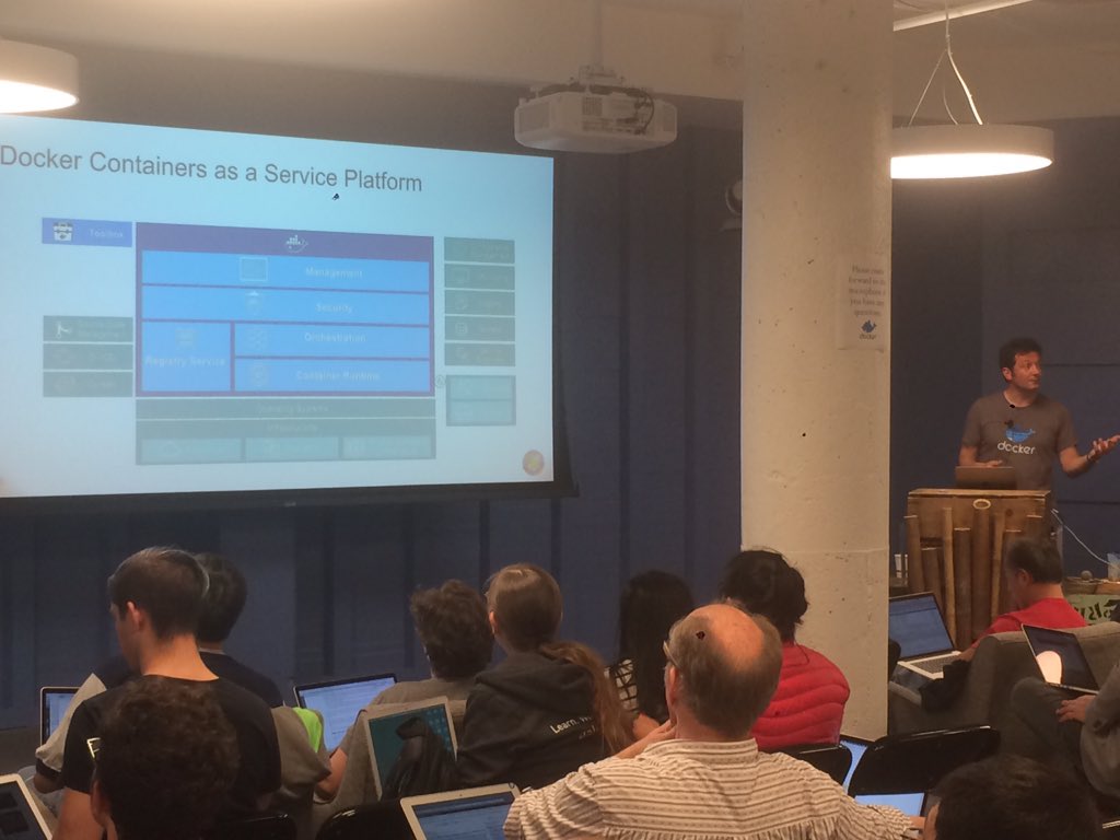 Docker's tweet image. overview of @docker #containers as a service (#CaaS) including #DockerCloud &amp;amp; #Datacenter @ #dockerbday SF @chanezon