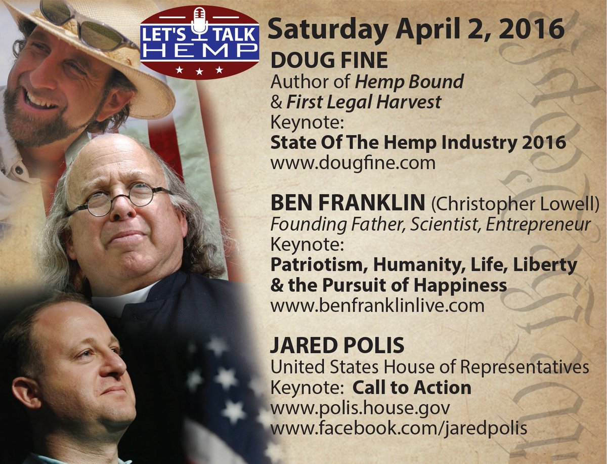 MorrisBeegle's tweet photo. #nocohempexpo presents #LetsTalkHemp w #DougFine #BenFranklin #JaredPolis April 2nd. @organiccowboy @RepJaredPolis https://t.co/PEJ2JhZwFe