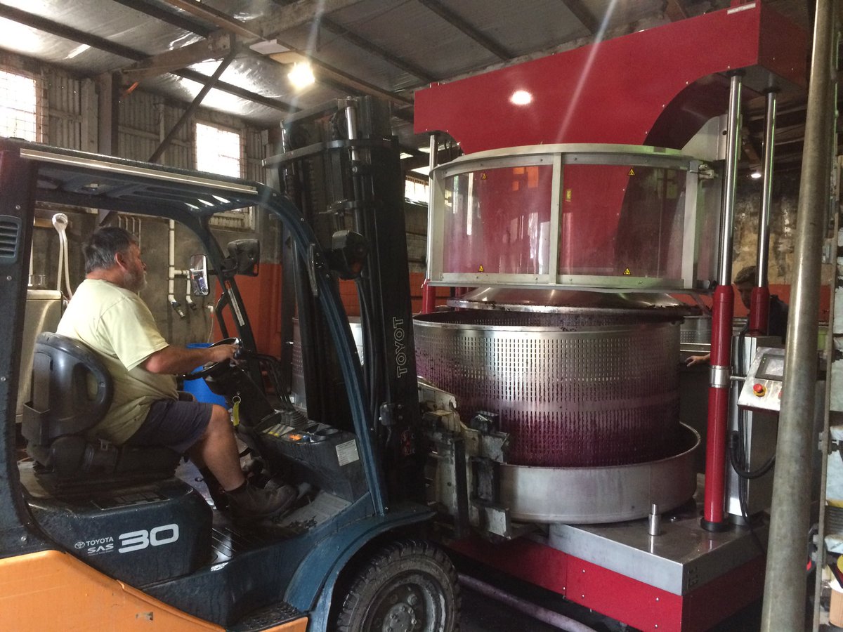 Fabulously fragrant 100 year old vine #Barossa Shiraz from our neighbours <a href="/LanzeracBarossa/">Lanzerac Country Estate</a> going in the basket press