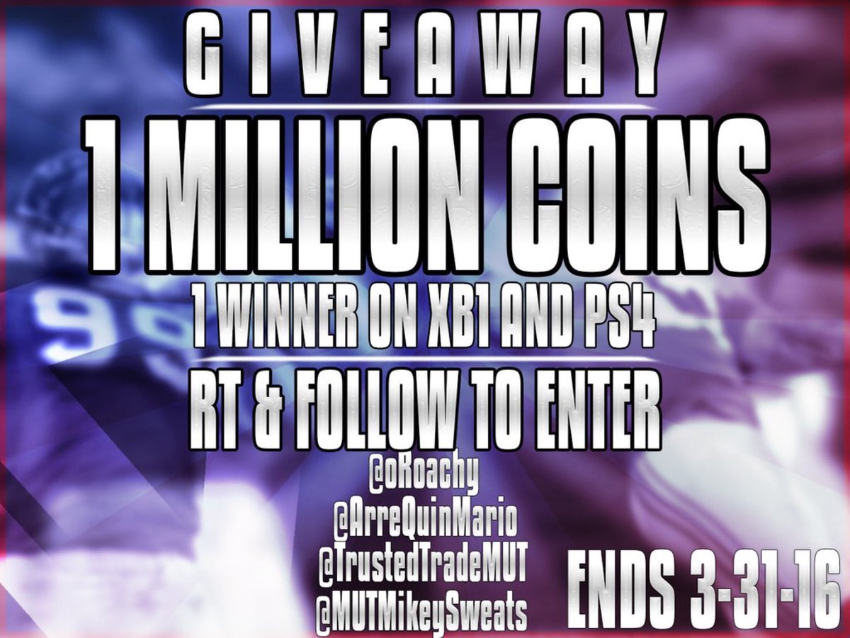 TrustedTradeMUT's tweet image. 🔥🔥🔥Giveaway! RT FOLLOW US and @oRoachy @ArrequinMario and @MUTMikeySweats Ends 3-31-2016 🔥🔥🔥 1MM #XboxOne 1MM #PS4