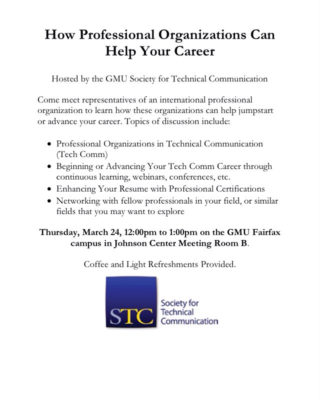 STC_GMU's tweet photo. We have an event tomorrow on professional organizations and how they can benefit you! #masonstc #stc #techcomm https://t.co/5gojljVqRL