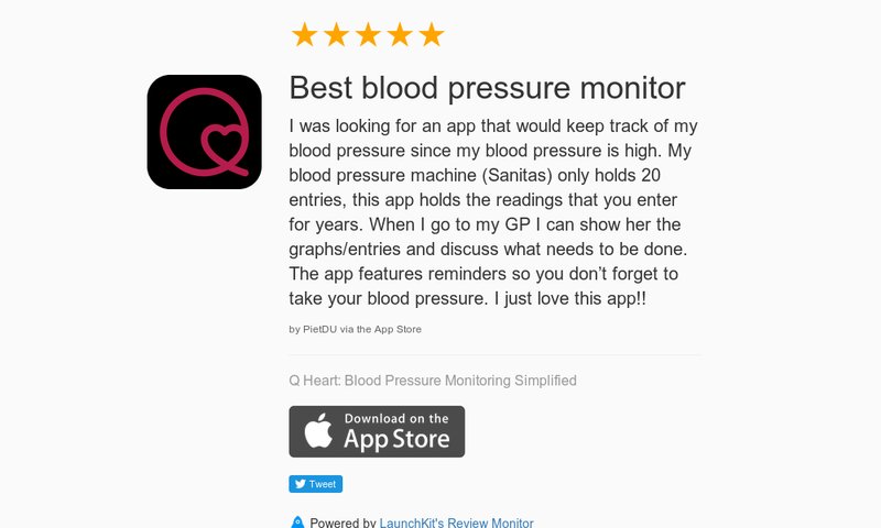 5 Star Review: "Best blood pressure monitor: I was looking for an app that would keep trac…" launchkit.io/reviews/DeVI7D…