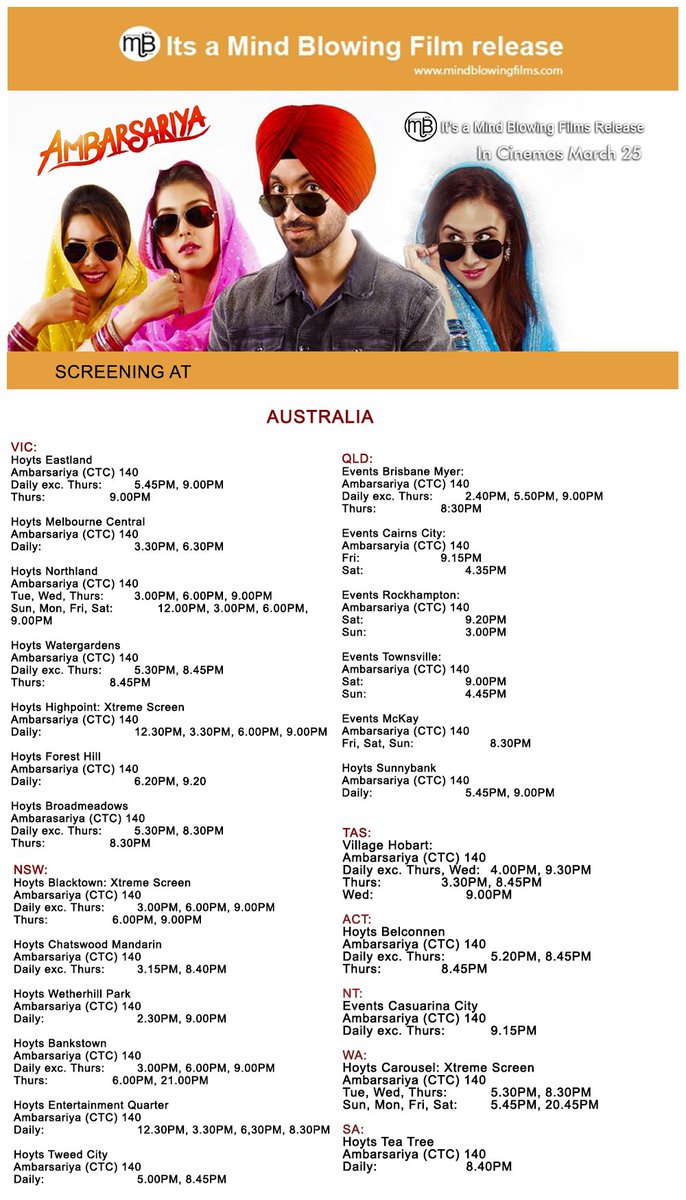 MBFWorld's tweet photo. Check out the #Sessiontimes for #Ambarsariya
Book tickets NOW! #HOYTS #EVENTS https://t.co/fqClkGNStI