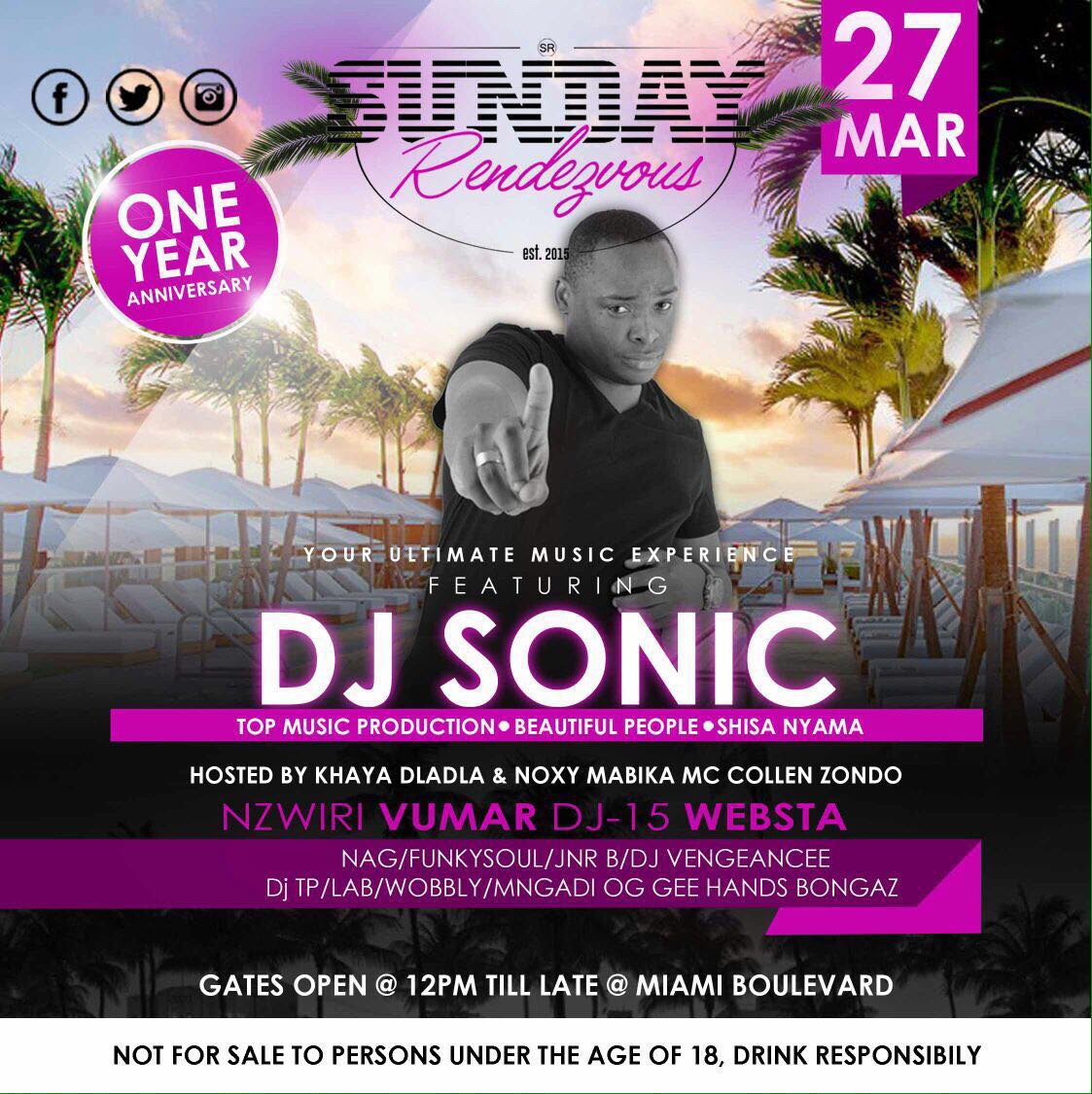 gagasifm's tweet photo. Your #1 Super Hero, @Sonic_SA will be on the decks at the @SunRendezvous #27March2016 #MiamiBoulevard https://t.co/x66yOj7Jx5