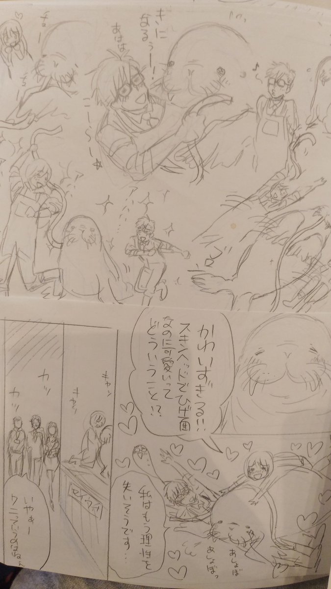 皆さんのネームのやり方が知りたいので、自分の汚ネームを晒します。1枚目が自分にしかわからないちびネーム、2枚目がそれを元に大きく描いたものです。これを担当さんに見せます。皆さんのネームが見たい!