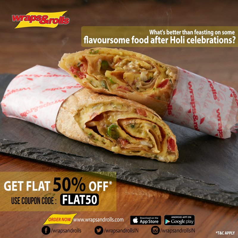 WrapsandRollsIn's tweet photo. Enjoy the festival of colours, and let us do the cooking. Get FLAT 50% off on your bill. Use Coupon Code: FLAT50 https://t.co/ZDSsyjVeSM