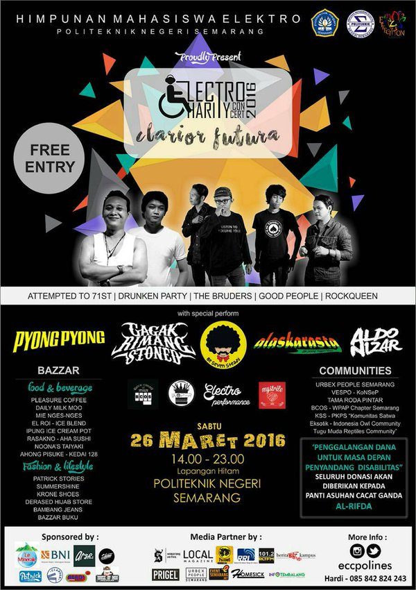 Hari ini Electro Charity Concert 2016 | 26 Maret | 14.00 | Lap. Hitam Polines #Semarang | FREE | Info <a href="/ECCPolines/">ECC - Polines</a>