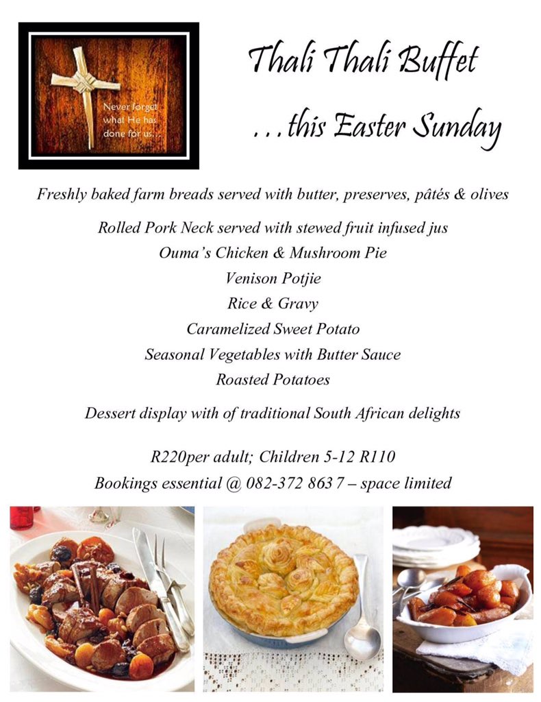 ThaliThaliGame's tweet image. Have you booked your table for our special Easter Sunday buffet? Call Amalia on 082 372 8637