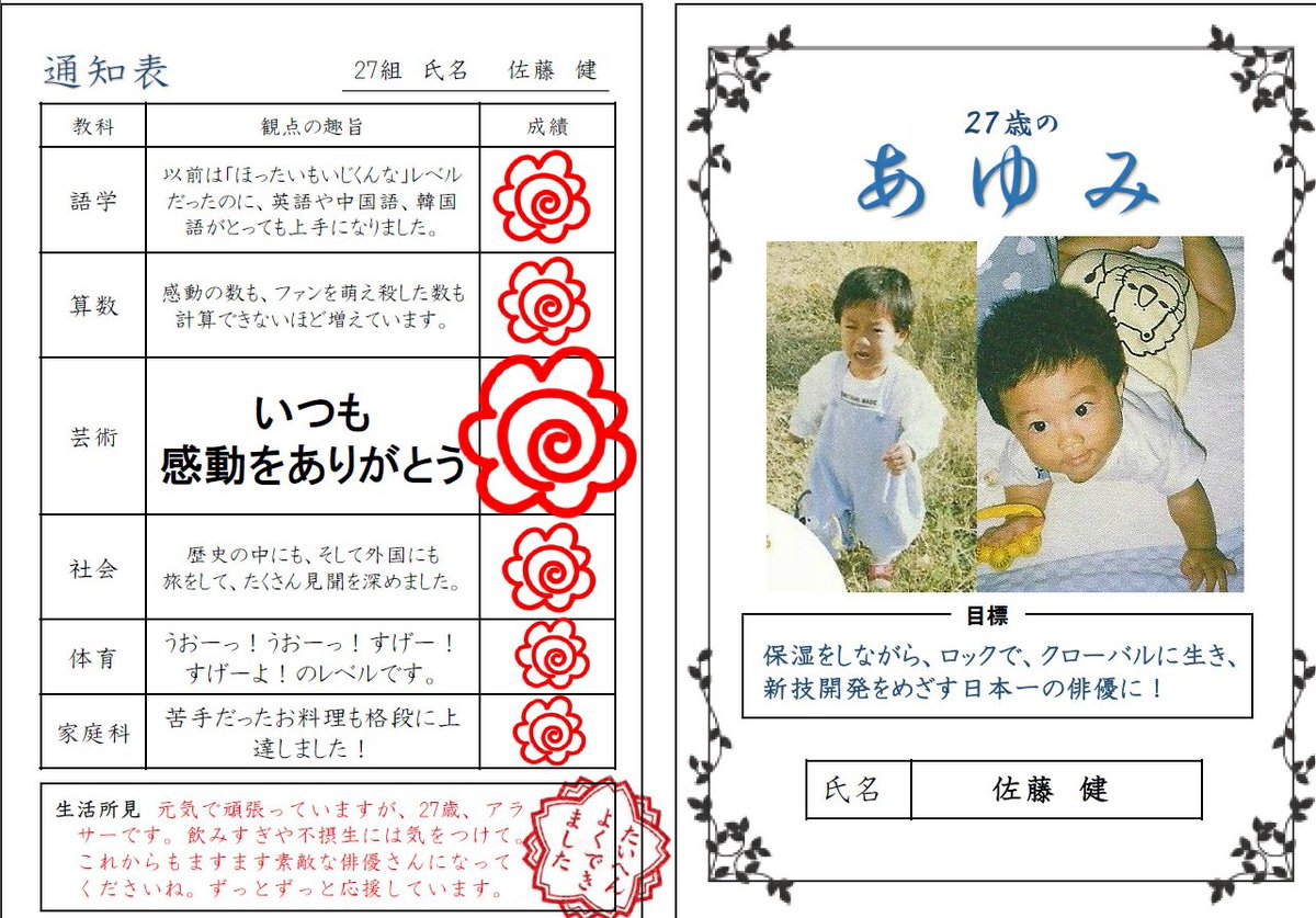Twitter இல ぶーんちゃん お誕生日おめでとうございます 通知表の季節ということで たけるさんにも27歳の通知表を作ってみました 娘の 通知表は散々でしたが たけるさんの小 中 高校で一番良かった通知表について教えてくださ い たけてれ たけてれ写真
