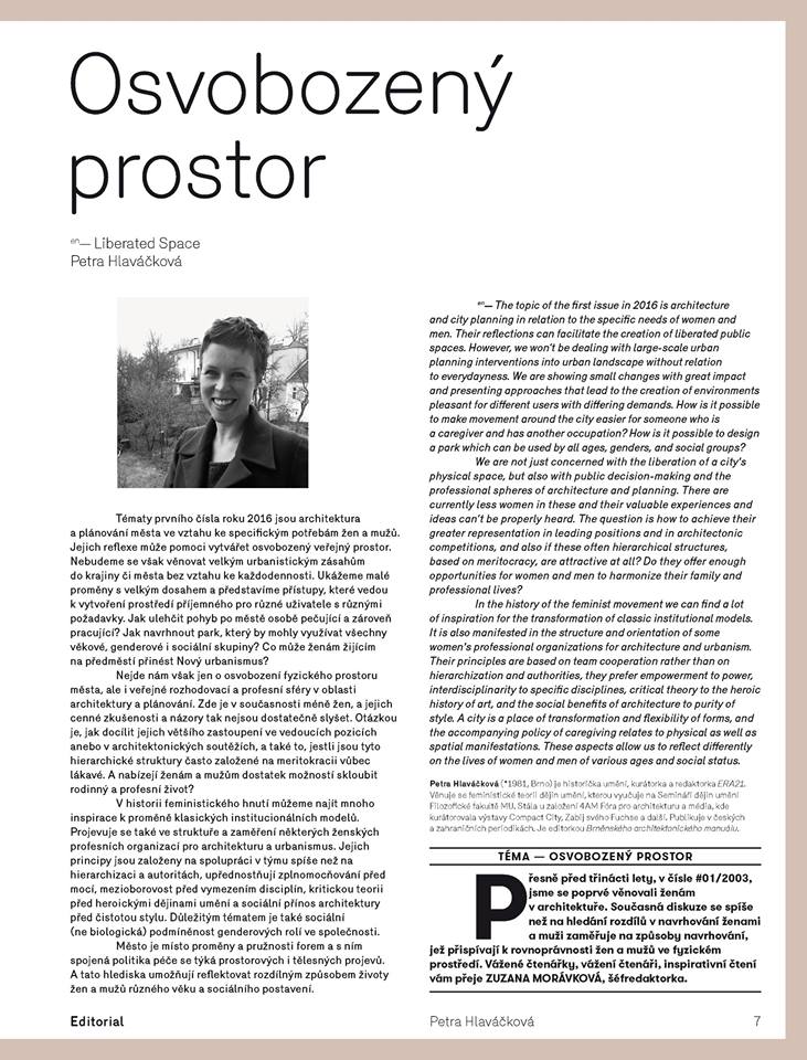 Uvedení čísla ERA21>OSVOBOZENÝ PROSTOR a diskuze na téma genderově citlivého plánování města DNES 24/3 v 19h v PRAHA