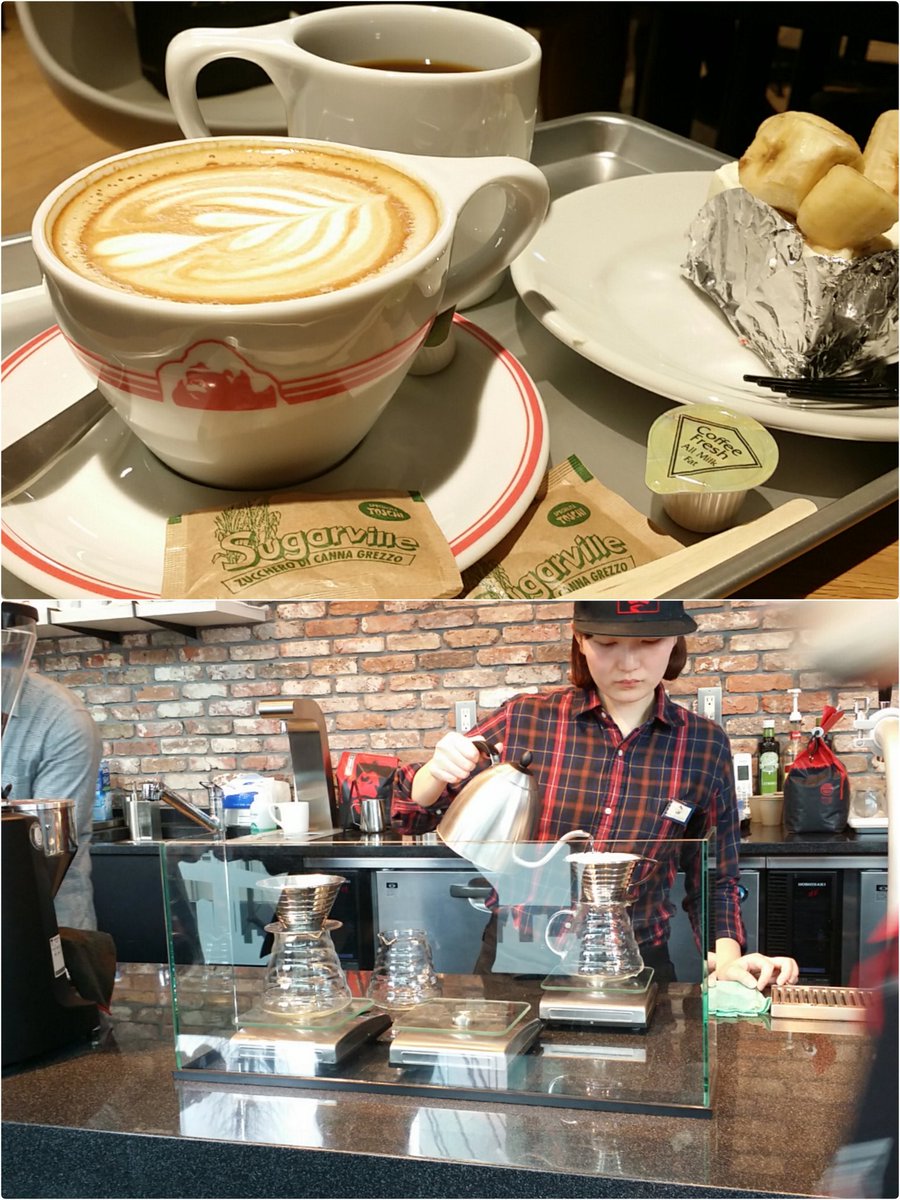 ごにじぇ 리카코 本日オープン ブルックス発 ゴリラコーヒー 日本2店舗目 池袋オリジナルコーヒー ブクロリオ ラテアートは目の前で注いでくれた チーズケーキのバナナ も超うまっ ケーキが全て美味しそうだった ゴリラコーヒー 池袋エソラ
