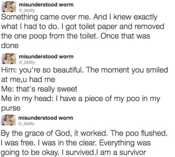 WakinUpIndy's tweet photo. Here's some of the highlights of this girl's real life toilet nightmare on a date๐ #PoopTweets #WhatASh๐ฉttySituation https://t.co/YjEo3RFXgj