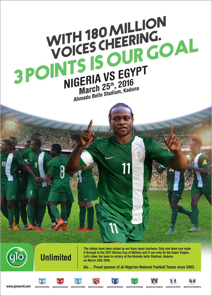 GloWorld's tweet photo. Nigeria VS Egypt.
Ahmadu Bello Stadium, Kaduna.
March 25, 2016.
Time: 5pm.
Retweet to show your support for the team https://t.co/dSyXTU0lZv