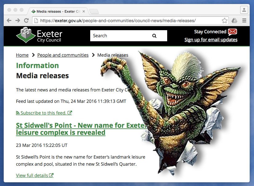 _deface_'s tweet image. Hey @ExeterCouncil The Gremlins have killed your website. Your media releases now don't work on ANY browser.