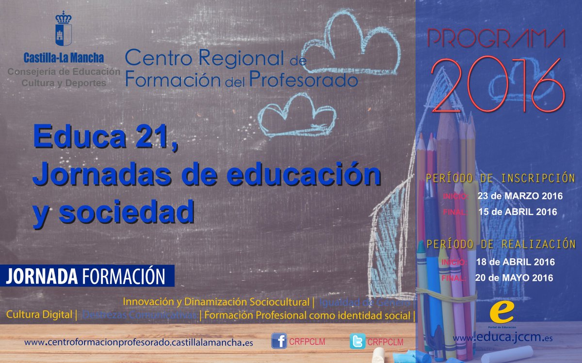 CRFPCLM's tweet photo. #Jornada Educa 21, Educación y sociedad Inscripción hasta 15/04/2016 https://t.co/l7IM43Skt0 @CRFPCLM @educajccm https://t.co/F9k5km6IFo