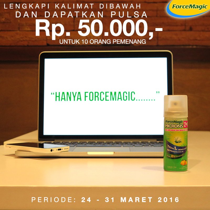 ForceMagicID's tweet photo. Ikuti kuis #HanyaForceMagic di Fb &amp; twitter @ForceMagicID , berhadiah pulsa total SATU JUTA rupiah. https://t.co/nhrKCRob80