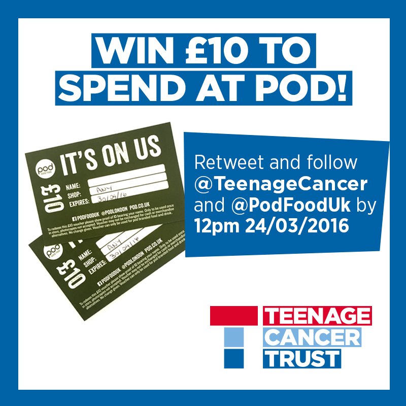 TeenageCancer's tweet photo. Our Pod competition closes at 12 TODAY! RT, follow us and @podfooduk to win £10 to spend in their London stores 😊 https://t.co/sdzsn298Bl