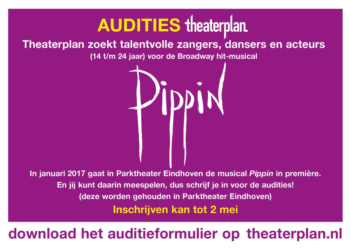 Theaterplan houdt audities voor de Broadway-hit PIPPIN. Lees meer op musicalsites.nl <a href="/Theaterplan/">Theaterplan</a>