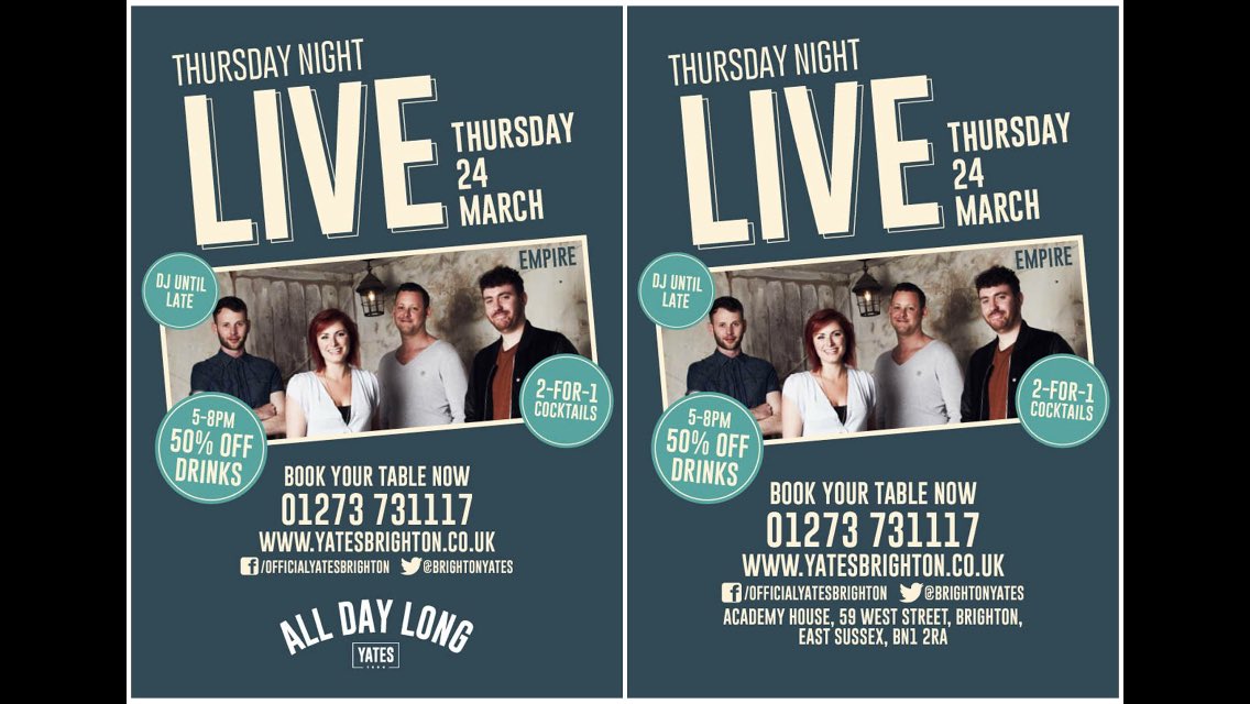 BrightonYates's tweet photo. Out in Brighton This Easter? Check us out for live music tonight! #stag #hen #weekend #4dayweekend #nowork #sussex https://t.co/l0FZiPWg3F