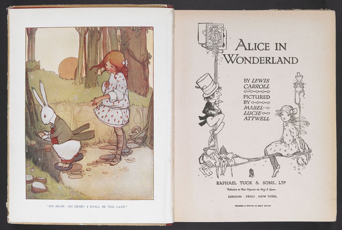 We love this illustration by Mabel Lucie Attwell: #Alice and the White Rabbit before they fall down the rabbit hole.