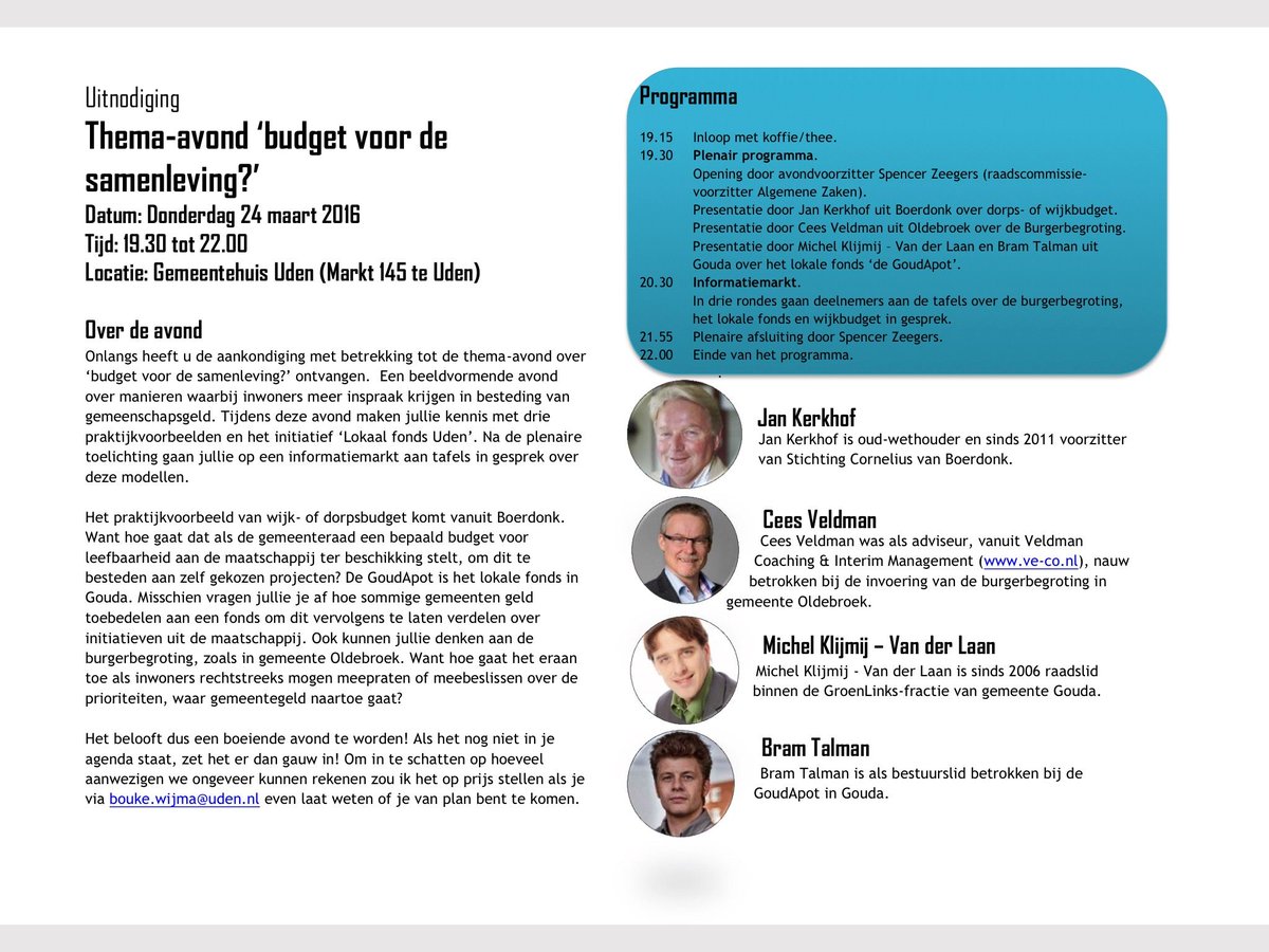 Thema-avond 'Budget voor de samenleving?' U bent welkom vanaf 19.15 uur in de raadszaal. Zie bijgaand programma!